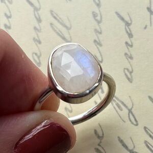 Modern Silver Faceted Moonstone Ring Size 7